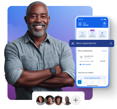 Imagem de um pai, sorrindo, ao lado de uma representação de como adicionar seus dependentes pelo aplicativo Vale Saúde